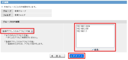 IP制限のグループ一覧画面